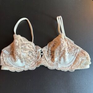 Victorias Secret Unlined Demi Bra 34B Peach White Underwire Lace Ribbon Coquette
